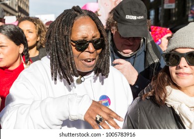 New York, NY - January 20, 2018: More than 120000 people participated in women's march in New York along streets of Manhattan. Whoopy Goldberg marches among activists.