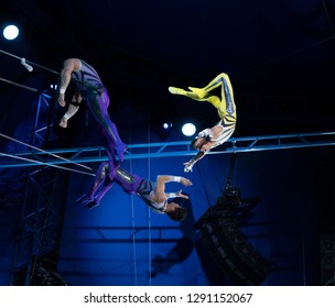New York, NY - January 20, 2019: The Flying Tuniziani perform at Big Apply Circus for Derrick Barry Presents Britneyâ€™s Circus: The 10th Anniversary at Lincoln Center Darmosch Park