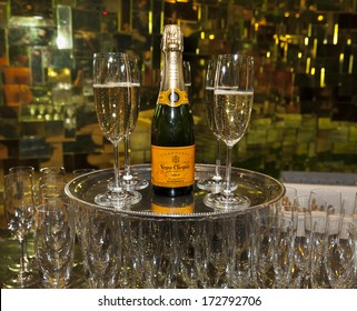 NEW YORK, NY - JANUARY 23, 2014: Bottle of champaigne on display during signing of Un Visa Pour L'Enfer?? by Celhia de Lavarne at Catherine Malandrino flagship store sponsored by Veuve Clicquot