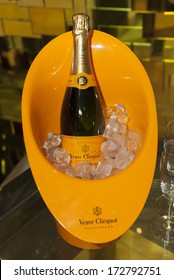 NEW YORK, NY - JANUARY 23, 2014: Bottle of champaigne on display during signing of Un Visa Pour L'Enfer by Celhia de Lavarne at Catherine Malandrino flagship store sponsored by Veuve Clicquot