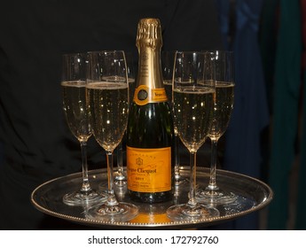 NEW YORK, NY - JANUARY 23, 2014: Bottle of champaigne on display during signing of Un Visa Pour L'Enfer?? by Celhia de Lavarne at Catherine Malandrino flagship store sponsored by Veuve Clicquot