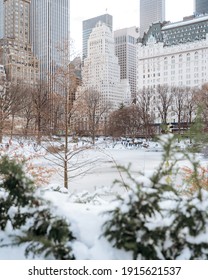 New York, NY  - January 25 2021: View On The Plaza Hotel From Central Park After Snow Storm, Winter