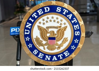 NEW YORK, NY – JANUARY 30: Seal of the United States Senate seenat a press conference on funding the ATF to help battle gun violence on January 30, 2022 in New York City.