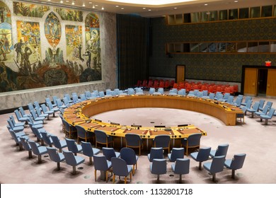 New York, NY - July 12, 2018: View Of Empty United Nations Security Council Chamber At UN Headquarters