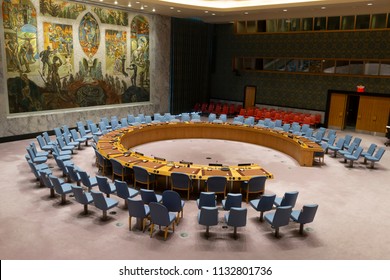 New York, NY - July 12, 2018: View Of Empty United Nations Security Council Chamber At UN Headquarters