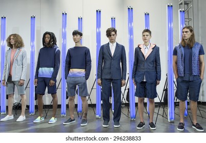 NEW YORK, NY - JULY 13, 2015: Models Pose At Garciavelez Presentation As Part Of New York Fashion Week Men's S/S 2016 At Industria Superstudio