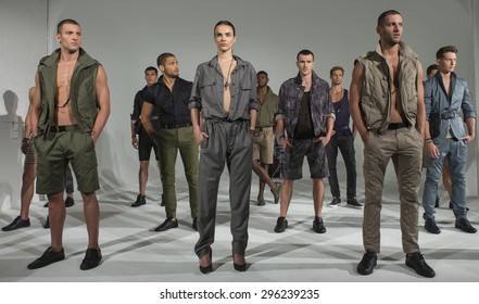 NEW YORK, NY - JULY 13, 2015: Models Pose During The Cadet Presentation As Part Of New York Fashion Week Men's S/S 2016 At Industria Superstudio