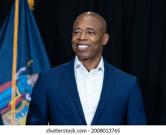 New York, NY - July 14, 2021: Brooklyn Borough President Eric Adams attends joint press conference with Governor Andrew Cuomo at Lenox Road Baptist Church