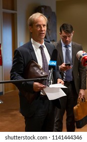 New York, NY - July 24, 2018: Sweden Ambassador To The United Nations Olof Skoog President Of Security Council Speaks To Press Before On Israeli-Palestinian Conflict At UN Headquarters