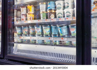 NEW YORK, NY – JULY 24: Ben  and Jerry's ice cream seen in a cooler less desirable location on the shelf at Morton Williams in Manhattan on July 24, 2021 in New York City.