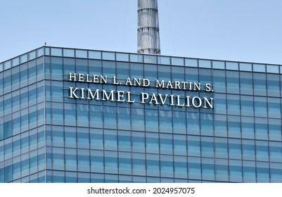 New York, NY - July 27, 2021: Kimmel Pavilion name and logo are mounted to the facade of the steel and glass hospital building in East Midtown, NYC. It is part of the NYU Langone Health System.
