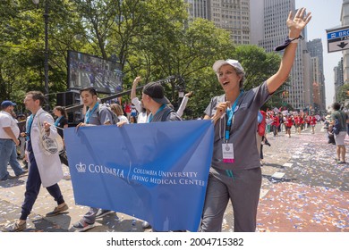 NEW YORK, N.Y. – July 7, 2021: Health Care Workers Representing Columbia University Irving Medical Center Are Seen During New York City’s Hometown Heroes Ticker Tape Parade.