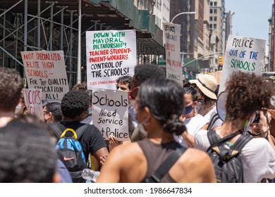 NEW YORK, NY - JUNE 05: Protesters From Black Live Matters Holding Banners And Signs March Outside City Hall Demanding Removing Police Officers From Schools On June 5, 2021 In New York City.