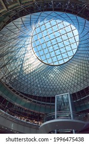 New York, NY - June 17, 2021: Interior Of Fulton Center With The Dome, Oculus And Curved Stairs. Fulton Center Is A Subway Hub And Retail Complex In Lower Manhattan, NYC