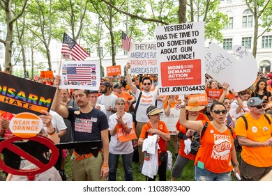 New York, NY - June 2, 2018: New Yorkers attend rally Youth Over Guns March across the Brooklyn Bridge at Korean War Veterans Plaza