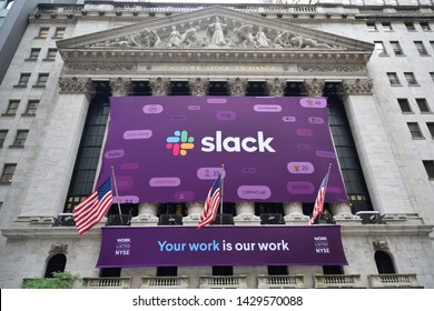 NEW YORK, NY - JUNE 20, 2019: The Slack Technologies Initial Public Offering (IPO) Banner Is Seen On The New York Stock Exchange.