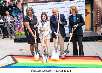 New York, NY - June 24, 2022: Ann Marie Gothard, Governor Kathy Hochul, Senator Chuck Schumer, Ruth Porat participate in Stonewall Day and Visitor Center Groundbreaking ceremony on Christopher street