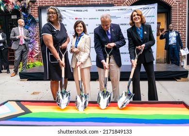 New York, NY - June 24, 2022: Ann Marie Gothard, Governor Kathy Hochul, Senator Chuck Schumer, Ruth Porat participate in Stonewall Day and Visitor Center Groundbreaking ceremony on Christopher street