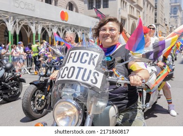 NEW YORK, N.Y. – June 26, 2022: A Motorcyclist Rides In The 2022 NYC Pride March In Manhattan.