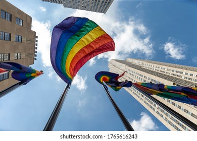 New York, NY - June 28, 2020: Rainbow Flags Seen To Celebrate Pride Month And 50th Anniversary Of Stonewall Uprising At Rockeffeler Plaza