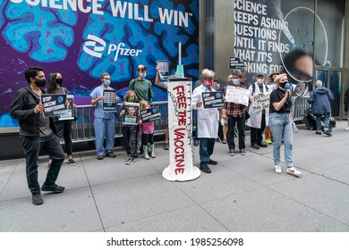 New York, NY - June 3, 2021: Activists Stage Rally And Die-in Under The Banner Free The Vaccine Demanding For Free Distribution Of COVID-19 Vaccine To Poor Countries In Midtown Manhattan