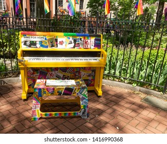 New York, NY - June 4, 2019: Piano Sponsored By Playbill Installed At Stonewall National Monument For Pride Month In Unticipation Of 50th Anniversary Stonewall Uprising In New York
