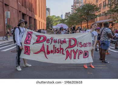 NEW YORK, N.Y. – June 5, 2021: Demonstrators Call For Cuts In Funding For The New York City Police Department During A Protest In Manhattan.