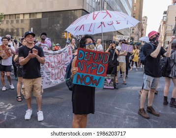 NEW YORK, N.Y. – June 5, 2021: Demonstrators Call For Cuts In Funding For The New York City Police Department During A Protest In Manhattan.