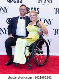 New York, NY - June 9, 2019: David Perlow And Ali Stroker With Tony Award For Best Performance As Actress In Musical Pose At Media Room Of 73rd Annual Tony Awards At Radio City Music Hall