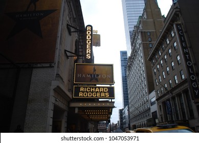 NEW YORK, NY - March 10 2018: Musical Hamilton Created By Lin Manuel Miranda, Playing At The Rodgers Theater On Broadway. It Won 11 Tony Awards In 2016.