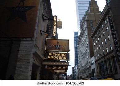 NEW YORK, NY - March 10 2018: Musical Hamilton Created By Lin Manuel Miranda, Playing At The Rodgers Theater On Broadway. It Won 11 Tony Awards In 2016.