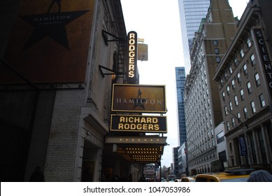 NEW YORK, NY - March 10 2018: Musical Hamilton Created By Lin Manuel Miranda, Playing At The Rodgers Theater On Broadway. It Won 11 Tony Awards In 2016.