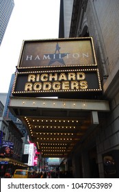 NEW YORK, NY - March 10 2018: Musical Hamilton Created By Lin Manuel Miranda, Playing At The Rodgers Theater On Broadway. It Won 11 Tony Awards In 2016.