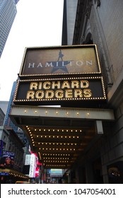 NEW YORK, NY - March 10 2018: Musical Hamilton Created By Lin Manuel Miranda, Playing At The Rodgers Theater On Broadway. It Won 11 Tony Awards In 2016.