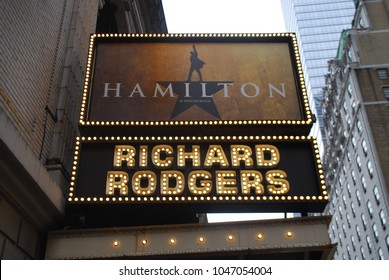 NEW YORK, NY - March 10 2018: Musical Hamilton Created By Lin Manuel Miranda, Playing At The Rodgers Theater On Broadway. It Won 11 Tony Awards In 2016.