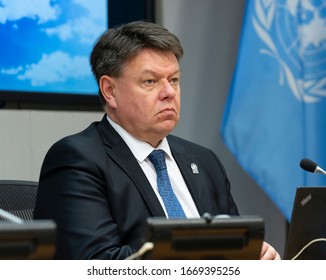 New York, NY - March 10, 2020: SG of World Meteorological Organization Petteri Taalas briefs press on climate change at UN Headquarters