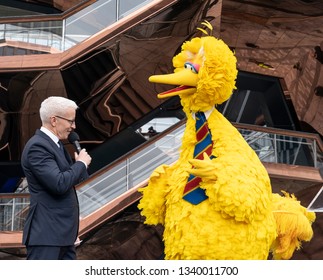 New York, NY - March 15, 2019: Hudson Yards is lagest private development in New York. Anderson Cooper & Big Bird of Sesame Streets speak at opening day at Hudson Yards of Manhattan