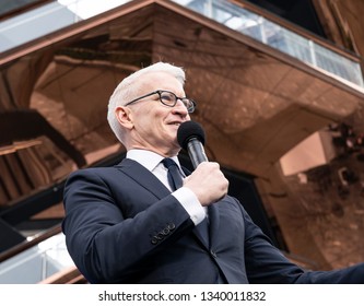 New York, NY - March 15, 2019: Hudson Yards is lagest private development in New York. Anderson Cooper speaks at opening day at Hudson Yards of Manhattan