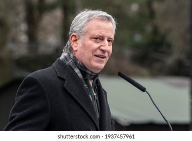 New York, NY - March 16, 2021: Mayor De Blasio Delivers Remarks And Makes An Announcement At Delacorte Theater In Central Park