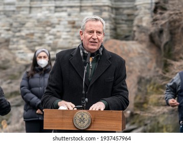 New York, NY - March 16, 2021: Mayor De Blasio Delivers Remarks And Makes An Announcement At Delacorte Theater In Central Park