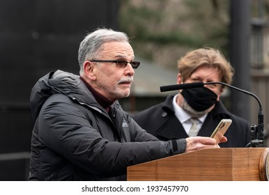 New York, NY - March 16, 2021: Actor Tony Plana Speaks During Mayor De Blasio Announcement At Delacorte Theater In Central Park