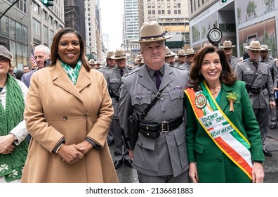 New York, NY - March 17, 2022: Attorney General Letitia James, Superintendent Of The New York State Police Kevin Bruen, Governor Kathy Hochul Attend 261th St. Patrick's Day Parade On 5th Avenue