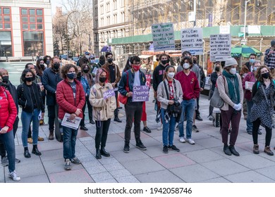 New York, NY - March 23, 2021: Graduate Student Organizing Committee authorization vote to strike rally at NYU Gould Plaza