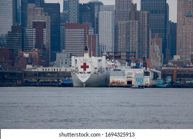 New York, NY - March 30 2020: View Of The USNS Comfort Hospital Ship Docked At Pier 90