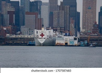 New York, NY - March 30 2020: The USNS Comfort Hospital Ship Docked At Pier 90