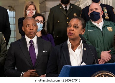 New York, NY - March 30, 2022: Police Commissioner Keechant Sewell Speaks During Mayor Eric Adams Social Services Announcement At City Hall