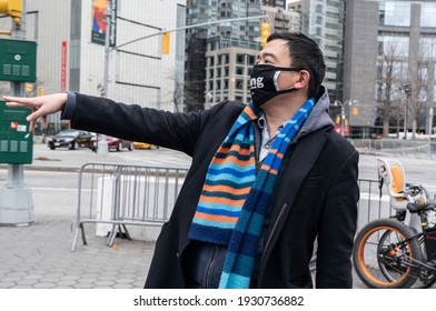 New York, NY - March 6, 2021: NYC Mayoral Candidate Andrew Yang Helps Collecting Signatures To Get On Ballot On Columbus Circle