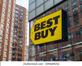 NEW YORK, NY – May 11, 2018: Best Buy Logo Sign Hanging Outside Store Front In Union Square New York Location