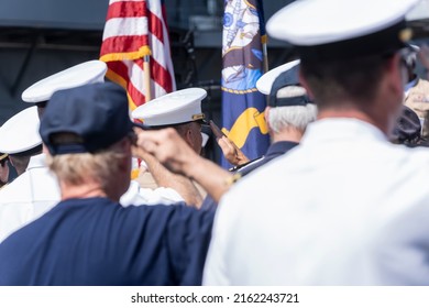 New York, NY - May 2022: Veterans And US Navy Officers Salute During The Intrepid Sea, Air  Space Museum Annual Memorial Day Commemoration Ceremony