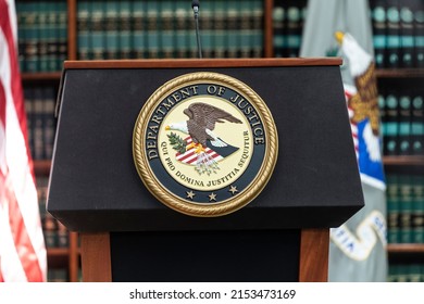 New York, NY - May 5, 2022: Seal of Justice Department seen during press conference at US Attorney Office library announcing extradiction of Otoniel from Colombia